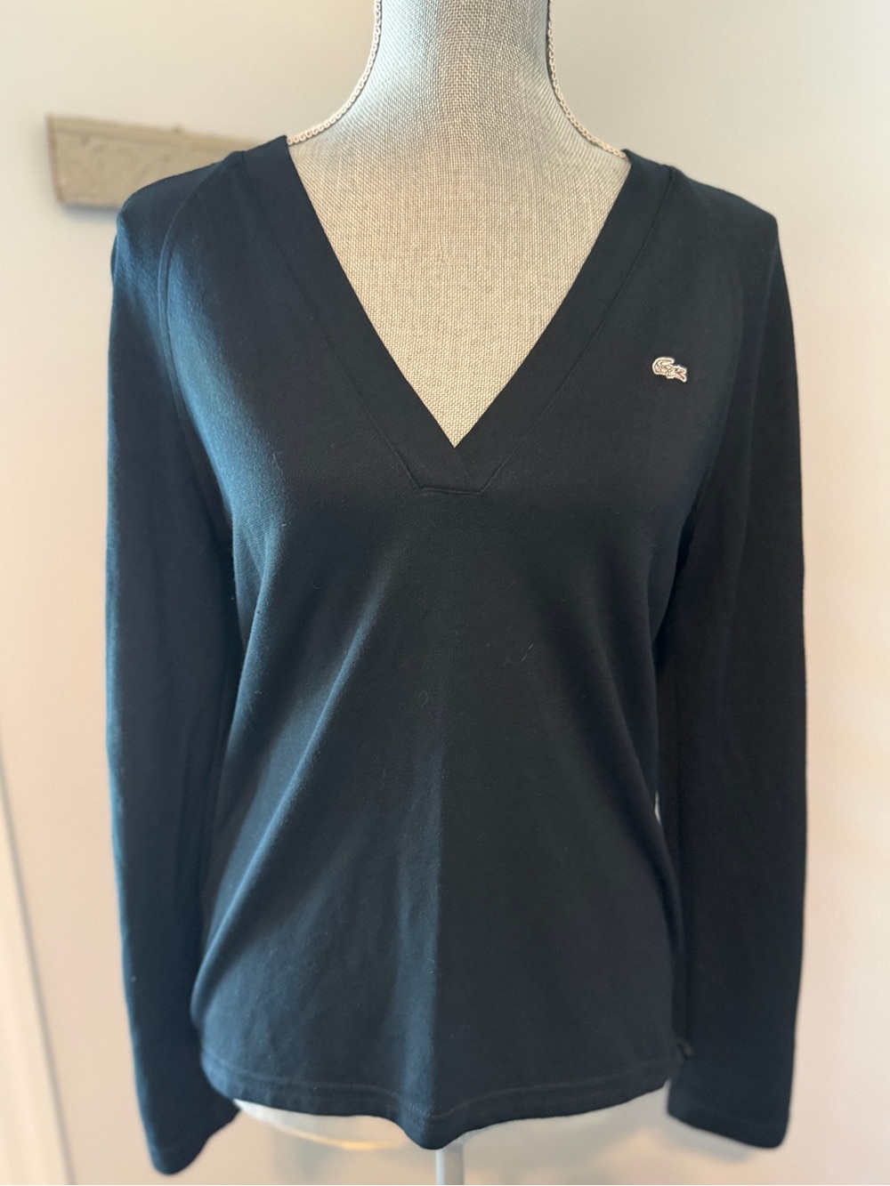LACOSTE Long Sleeve V-Neck Top With Alligator Logo Size M | Black